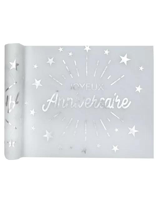 Photo du produit Chemin de table intissé anniversaire blanc et argent 5m x 30 cm