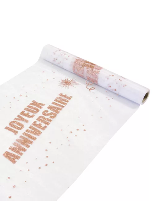 Photo du produit Chemin de table organza Joyeux Anniversaire rose gold 29 cm x 5 m