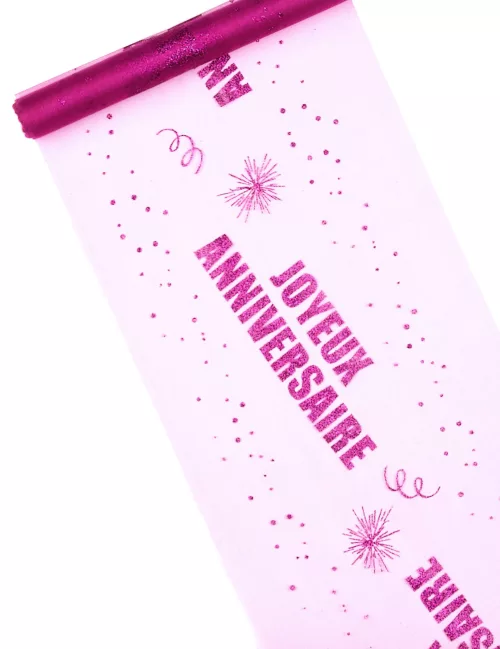 Photo du produit Chemin de table organza Joyeux Anniversaire fuchsia 29 cm x 5 m
