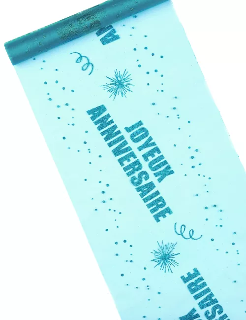Photo du produit Chemin de table organza Joyeux Anniversaire turquoise 29 cm x 5 m