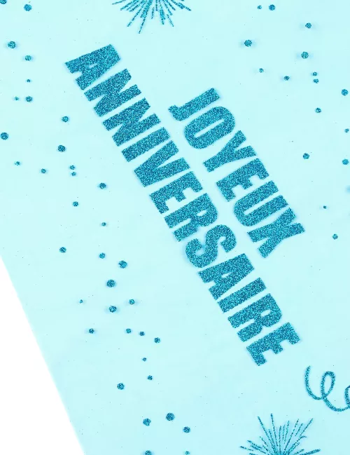 Photo du produit Chemin de table organza Joyeux Anniversaire turquoise 29 cm x 5 m