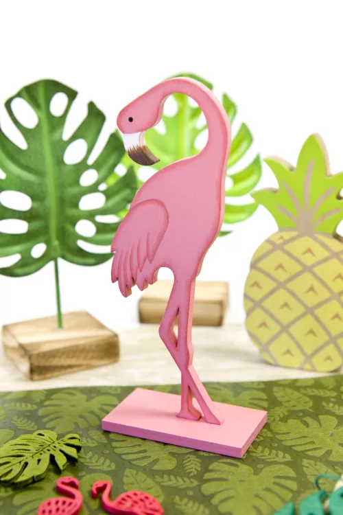 Photo du produit Flamant rose en bois sur socle rose 15 cm
