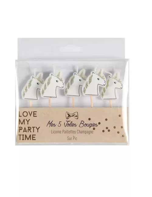 Photo du produit 5 Bougies sur pic licorne paillettes champagne 4,5 x 3 cm
