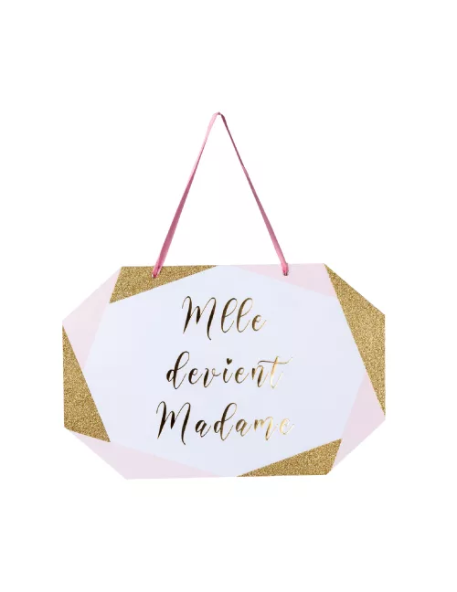 Photo du produit Pancarte en carton mlle devient madame rose blanc doré 25 x 16,5 cm