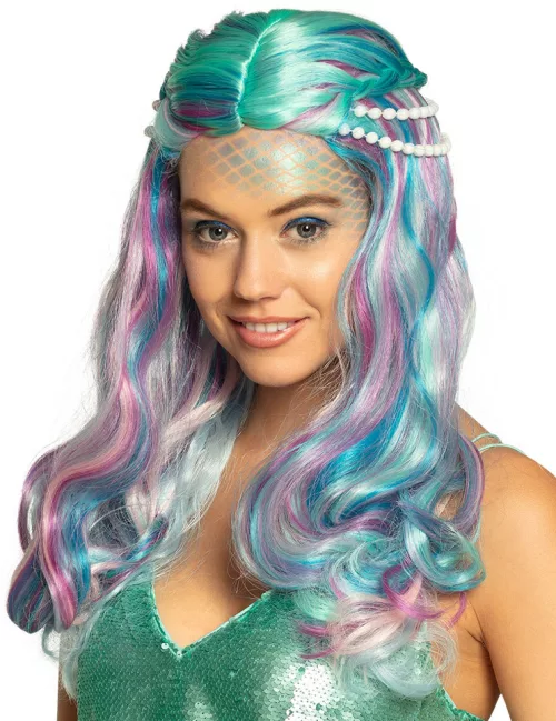 Photo du produit Perruque sirène pastel avec perles adulte