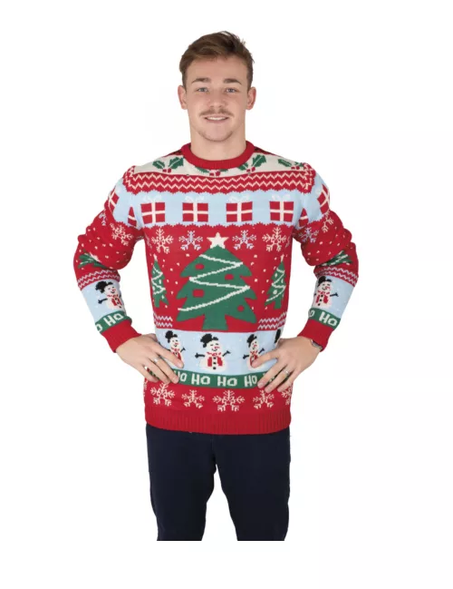 Photo du produit Pull de Noël adulte rouge avec sapins de Noël