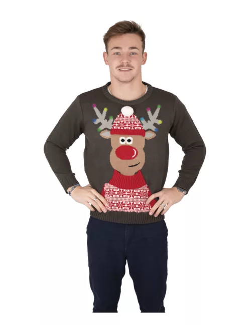 Photo du produit Pull de Noël gris renne lumineux et musical adulte