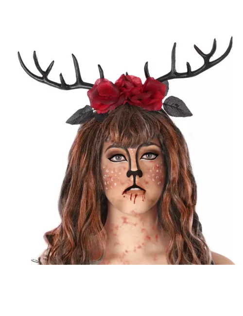 Photo du produit Serre-tête cornes de cerf et roses rouges adulte