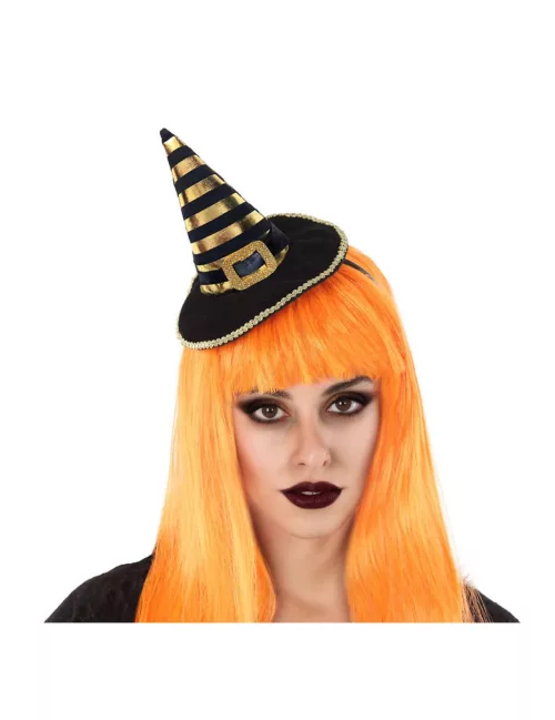 Photo du produit Serre-tête mini chapeau de sorcière rayé noir et or adulte