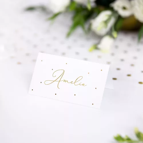 Photo du produit 10 Marque-places en carton blanc à pois dorés 9,5 x 5,5 cm
