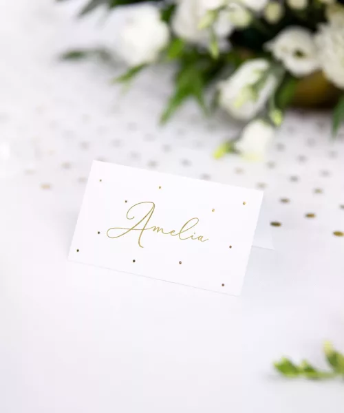 Photo du produit 10 Marque-places en carton blanc à pois dorés 9,5 x 5,5 cm