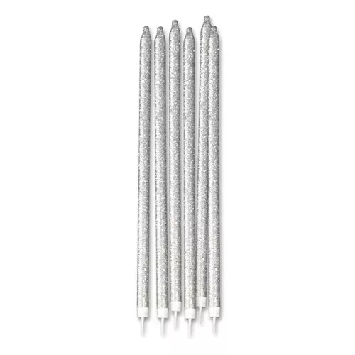Photo du produit 12 Grandes bougies pailletées argentées 15 cm