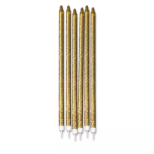 Photo du produit 12 Grandes bougies pailletées dorées 15 cm