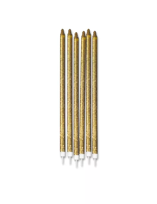 Photo du produit 12 Grandes bougies pailletées dorées 15 cm
