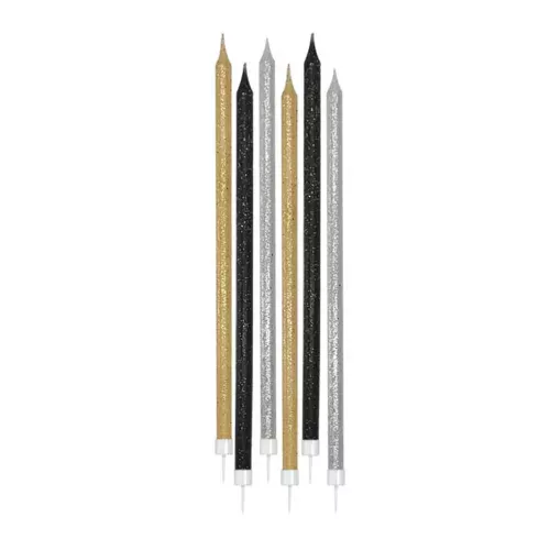 Photo du produit 12 Grandes bougies pailletées noires, dorées et grises 15 cm