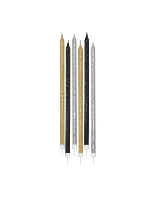 Photo du produit 12 Grandes bougies pailletées noires, dorées et grises 15 cm