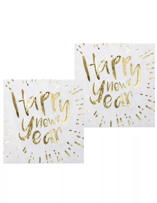 Photo du produit 12 Serviettes en papier Happy New Year blanches et dorées 33 x 33 cm