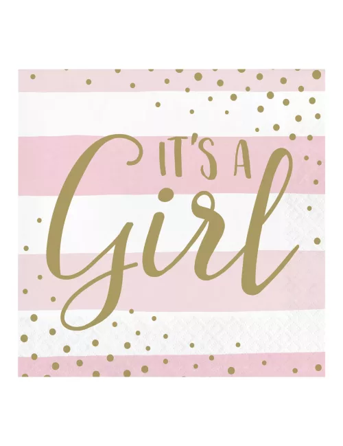 Photo du produit 16 Serviettes en papier It's a girl rose et blanc pois dorés 33 x 33 cm
