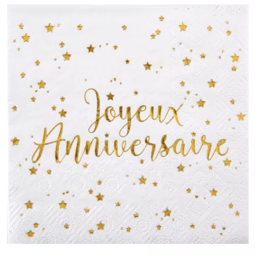 Photo du produit 20 Petites serviettes en papier Joyeux Anniversaire métallisé blanc et doré 25 x 25 cm