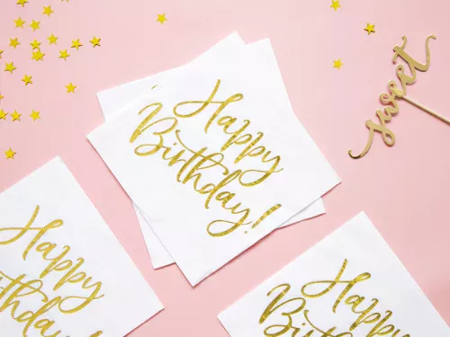 Photo du produit 20 Serviettes en papier happy birthday blanches et dorées 33 x 33 cm