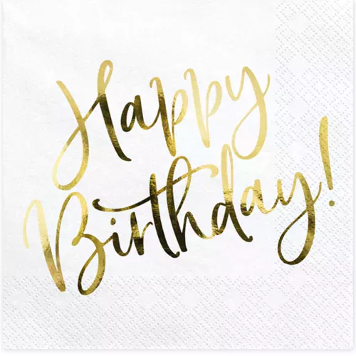 Photo du produit 20 Serviettes en papier happy birthday blanches et dorées 33 x 33 cm