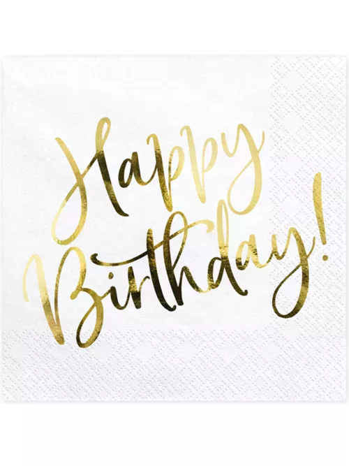 Photo du produit 20 Serviettes en papier happy birthday blanches et dorées 33 x 33 cm
