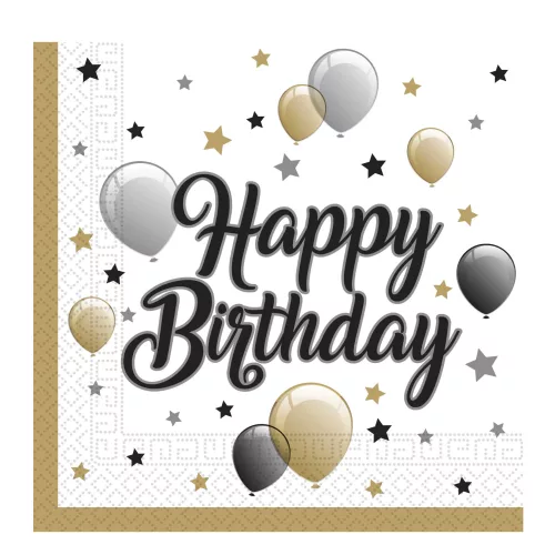 Photo du produit 20 Serviettes en papier happy birthday doré noir argent 33 x 33 cm