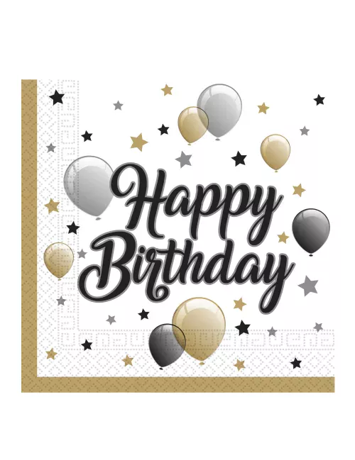 Photo du produit 20 Serviettes en papier happy birthday doré noir argent 33 x 33 cm