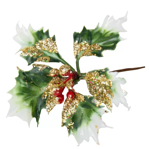 Photo du produit 4 Branches de houx sur tige paillettes or 9 cm
