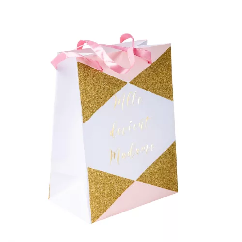 Photo du produit 4 Sacs en carton Mlle devient madame rose et doré 15 x 20 cm