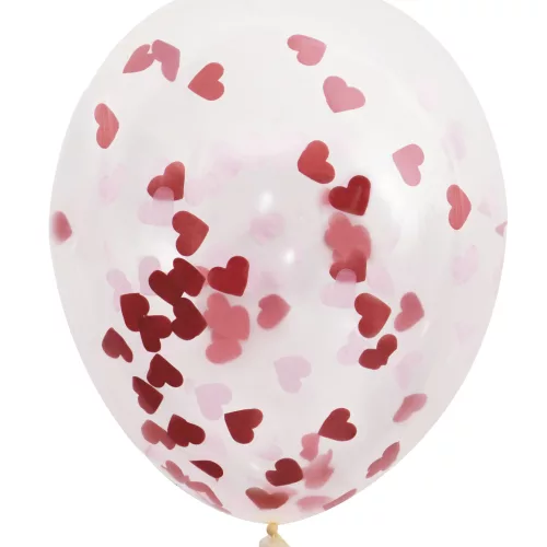 Photo du produit 5 Ballons en latex transparents avec confettis coeurs rouges 40,5 cm