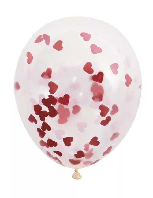 Photo du produit 5 Ballons en latex transparents avec confettis coeurs rouges 40,5 cm