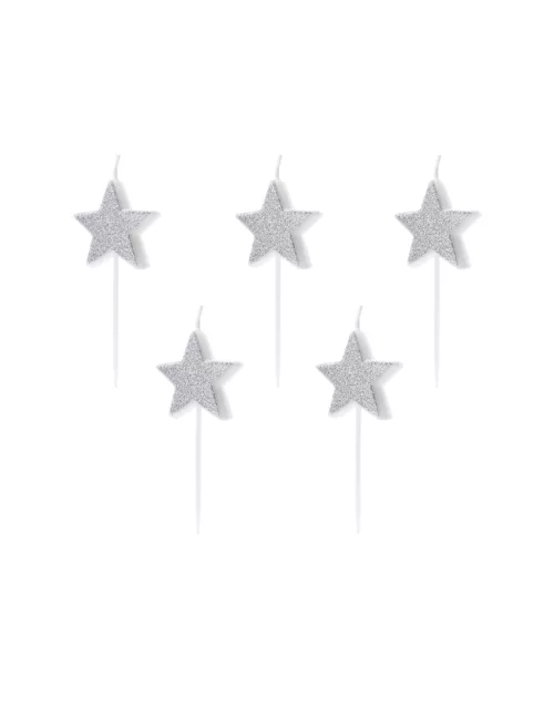 Photo du produit 5 Bougies d'anniversaire sur pic étoiles argentées pailletées 3,5 cm