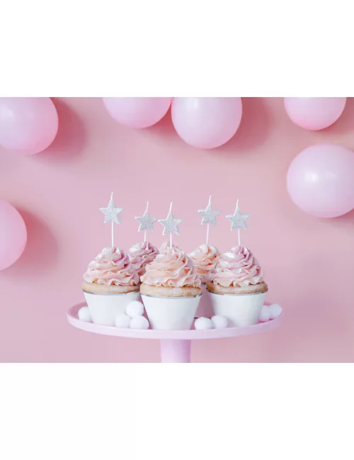 Photo du produit 5 Bougies d'anniversaire sur pic étoiles argentées pailletées 3,5 cm