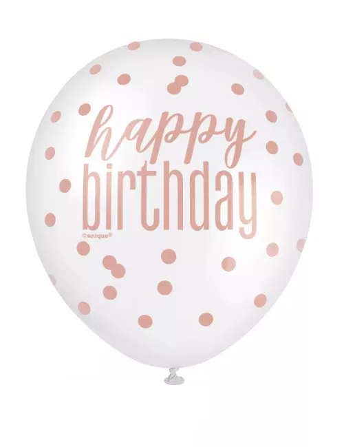 Photo du produit 6 Ballons en latex happy birthday à pois blancs et roses 30 cm