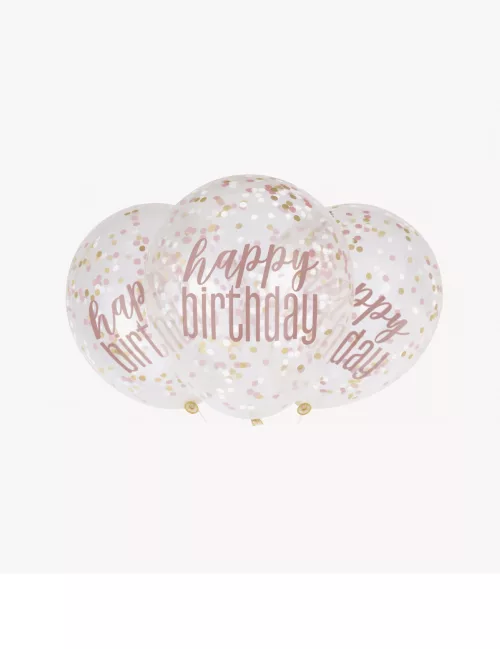 Photo du produit 6 Ballons en latex transparents happy birthday à confettis roses 30 cm