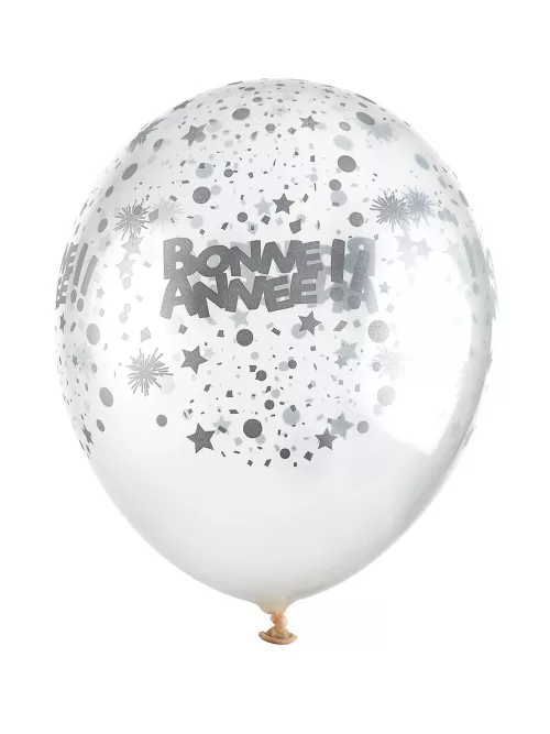 Photo du produit 6 Ballons en latex transparents Bonne année argent 30 cm