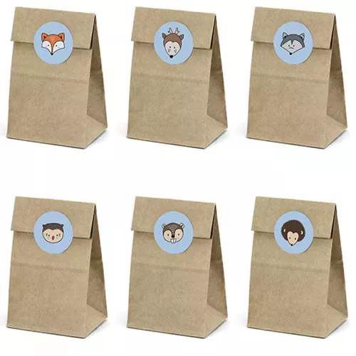 Photo du produit 6 Sacs en papier kraft et stickers forêt 7,5 x 18,5 cm