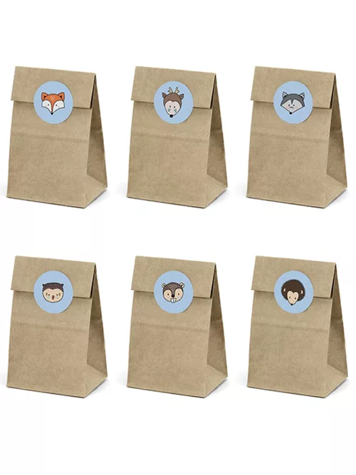 Photo du produit 6 Sacs en papier kraft et stickers forêt 7,5 x 18,5 cm
