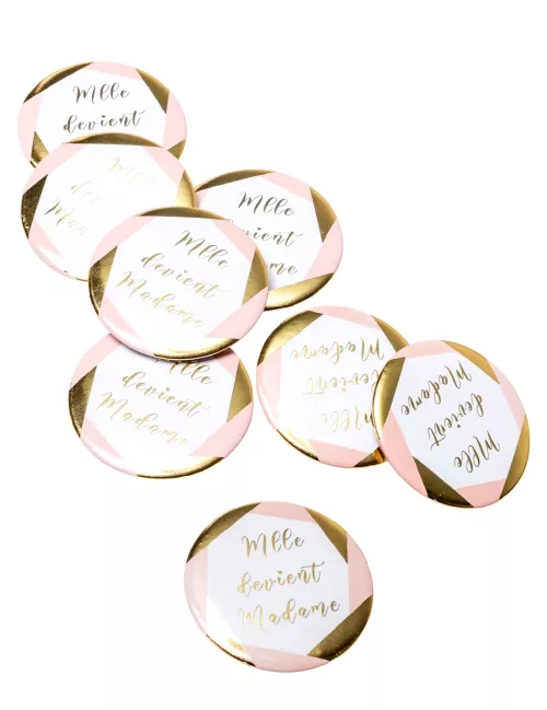 Photo du produit 8 Badges Mlle devient madame rose et doré 5 cm