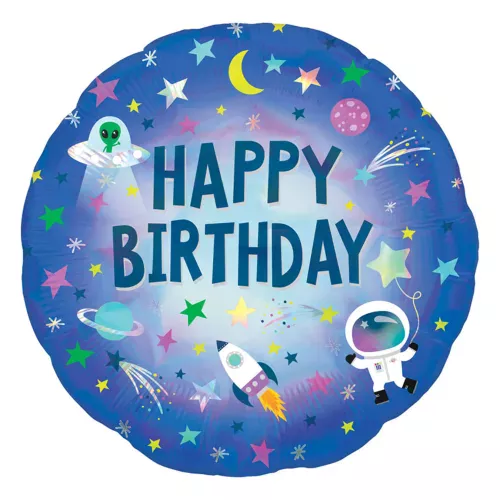 Photo du produit Ballon aluminium holographique Happy Birthday espace 45 cm