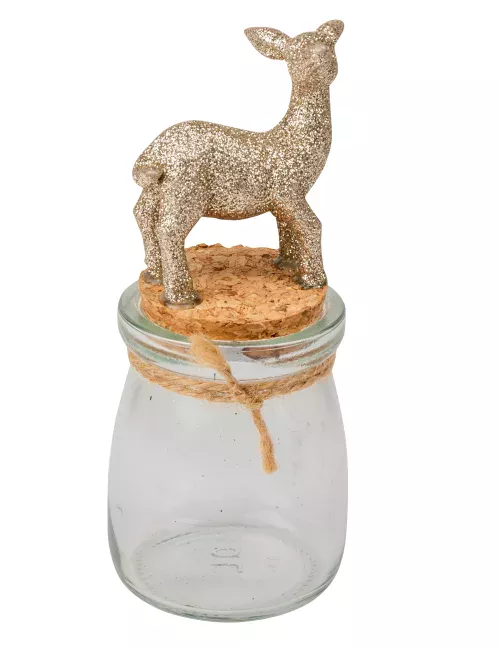 Photo du produit Bocal en verre avec bouchon liège et faon à paillettes 13 cm