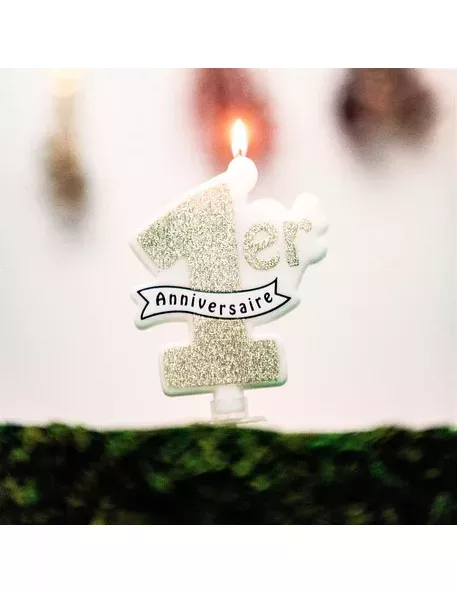 Photo du produit Bougie 1er anniversaire paillettes champagne 10 x 8 cm