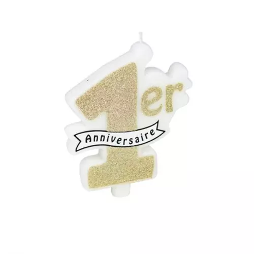 Photo du produit Bougie 1er anniversaire paillettes champagne 10 x 8 cm