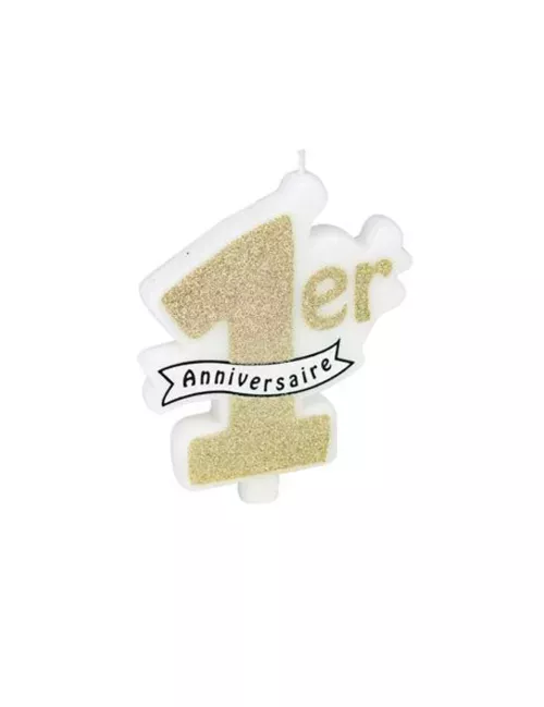 Photo du produit Bougie 1er anniversaire paillettes champagne 10 x 8 cm
