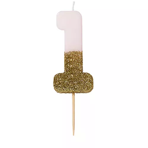Photo du produit Bougie sur pique chiffre 1 rose et dorée pailletée 13,8 cm