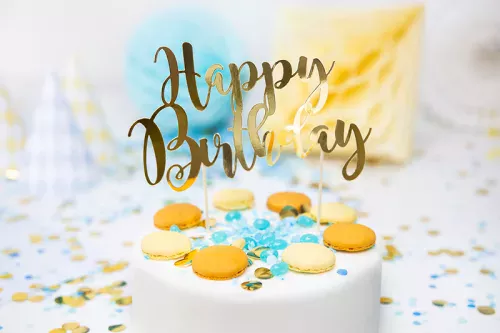 Photo du produit Cake topper en carton happy birthday doré métallisé 22,5 cm