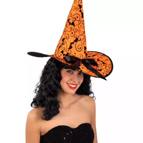 Photo du produit Chapeau sorcière orange chauve-souris 36 cm