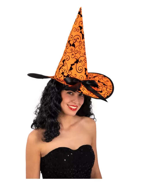 Photo du produit Chapeau sorcière orange chauve-souris 36 cm