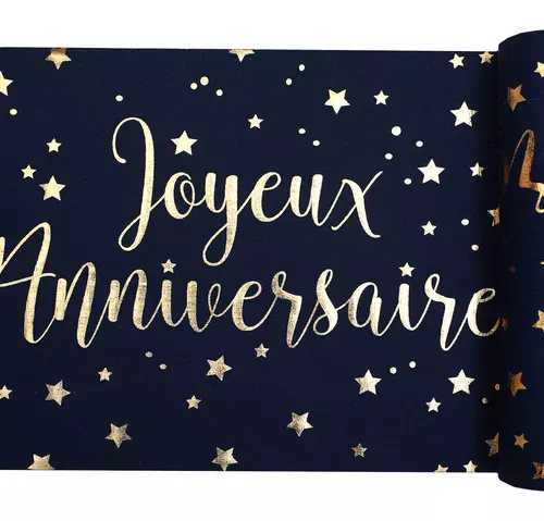 Photo du produit Chemin de table coton joyeux anniversaire bleu et or 28 cm x 3 m